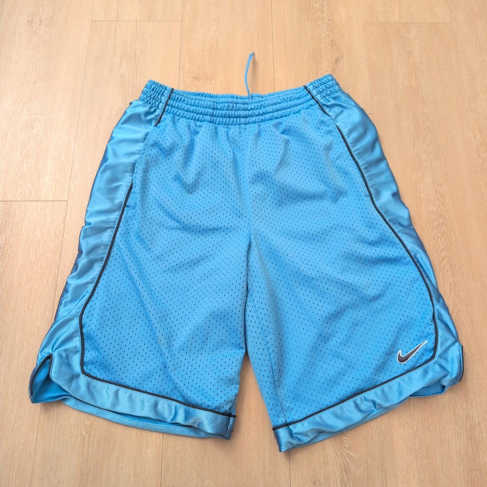 Y2K Nike Mens Medium Basketball Shorts Light Blue Mesh Athletic Gym Swoosh Shiny